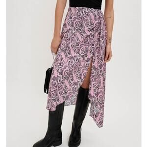 Maje Japollo Paisley Rose Printed Viscose Asymmetric Midi Skirt Slit Front Flowy